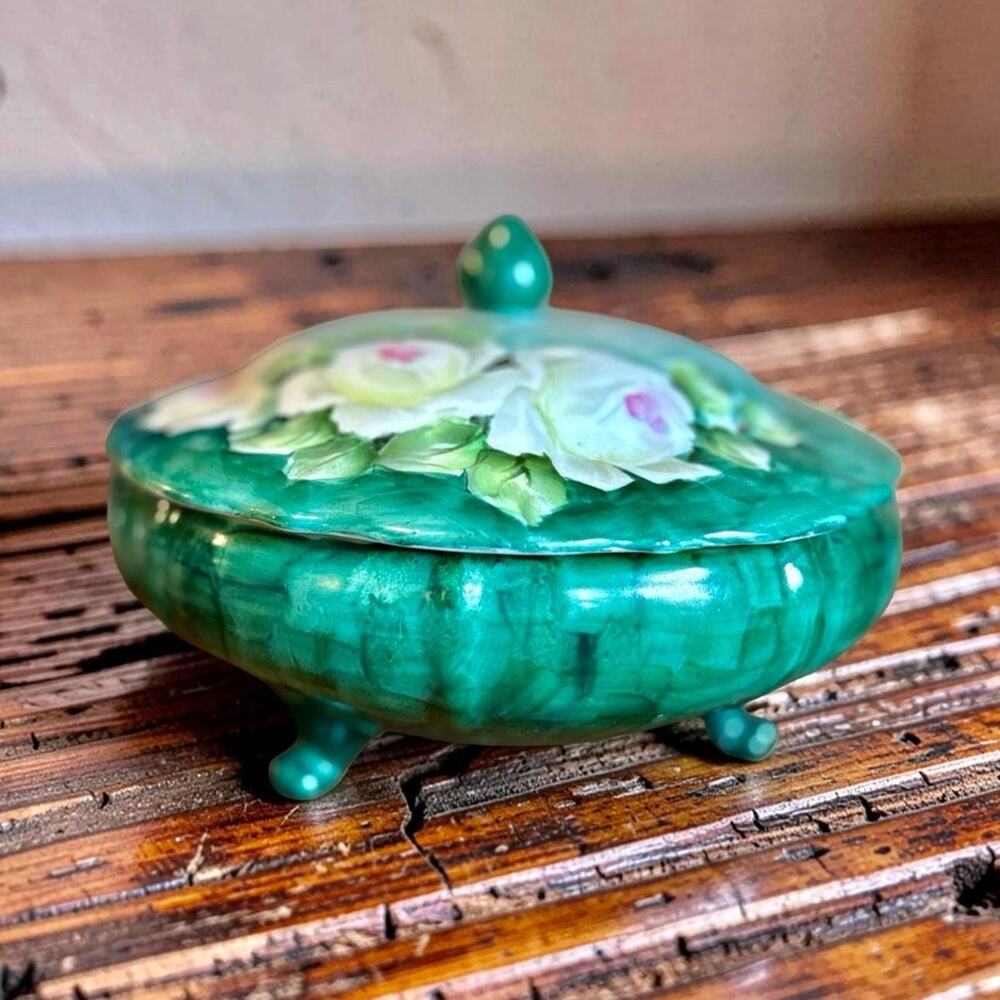 Vintage Hand Painted Porcelain Trinket Box | Green Floral Jewelry Box